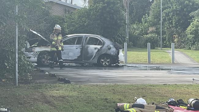 The small hatchback was well alight when emergency services arrived. Picture: Dylan Nicholson