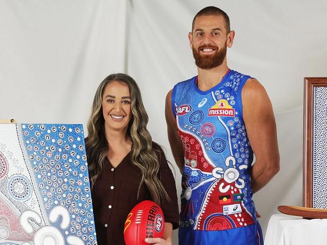 Bulldogs’ jumper designer Kamilya Lowana White alongside Liam Jones.