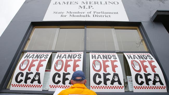 ‘Hands off the CFA’ banners were posted on the windows of Merlino’s office. Picture: Norm Oorloff