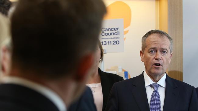 Opposition Leader Bill Shorten in an exchange with Channel 10 reporter Jonathan Lea during a press conference. Picture: Kym Smith