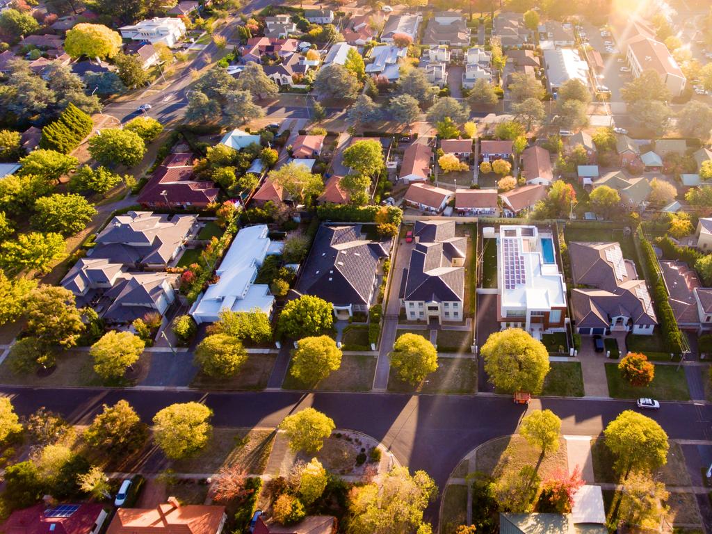 Aerial view of a typical leafy Aussie suburb. real estate Australian generic suburban homes