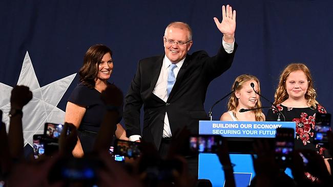 Scott Morrison celebrates victory in the 2019 Federal Election with wife Jenny (left) and children Abbey (second from right) and Lily. Picture: AAP