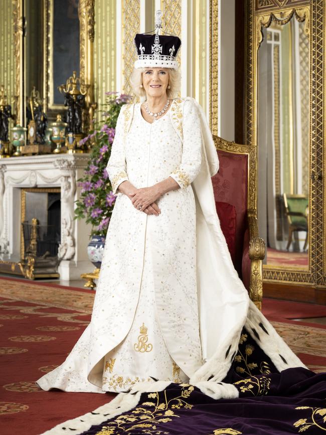 Queen Camilla is wearing Queen Mary's Crown and Robe of Estate. Photo by Hugo Burnand/Buckingham Palace via Getty Images