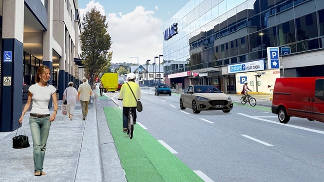 Concept design of Collins St bike lane trial. Picture: Hobart City Council