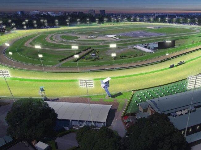 Artist impression of Royal Randwick Racecourse under lights.