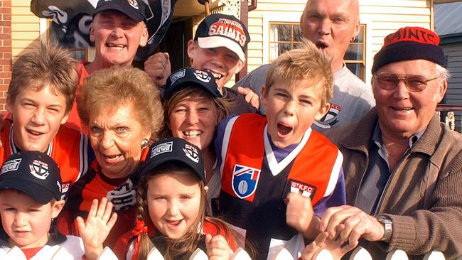 A young Jack Riewoldt (back, centre) ready to go and watch cousin Nick play for the Saints with his family in Tasmania.