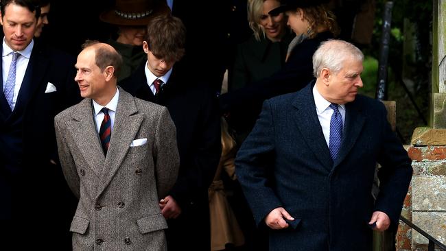 Prince Andrew and Prince Edward leave the Christmas Morning Service at Sandringham Church on December 25, 2023 in Sandringham. Picture: Getty Images.