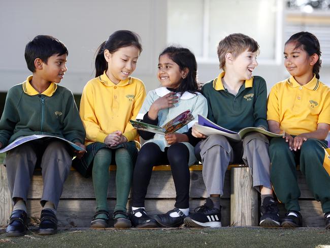 Girraween Public School has started new language classes to include Tamil and Hindi dialects. Students (from left) Jasshwin Saruhasan, Jessica Jung, Shaanuja Sutharsan, Toby Wedervang and Baani Kaur. Picture: Sam Ruttyn