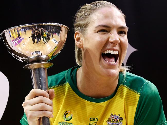 WELLINGTON, NEW ZEALAND - OCTOBER 18:  Caitlin Bassett of Australia holds the Constellation Cup after winning the International Test and Constellation Cup match between the Australia Diamonds and the New Zealand Silver Ferns at TSB Arena on October 18, 2018 in Wellington, New Zealand.  (Photo by Hagen Hopkins/Getty Images)