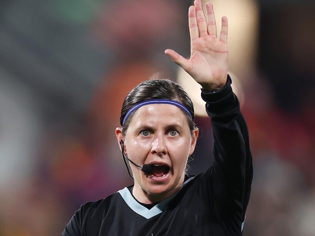 ADELAIDE, AUSTRALIA - AUGUST 01: Referee Casey Reibelt looks on during the FIFA Women's World Cup Australia &amp; New Zealand 2023 Group D match between China and England at Hindmarsh Stadium on August 01, 2023 in Adelaide / Tarntanya, Australia. (Photo by Maddie Meyer - FIFA/FIFA via Getty Images)