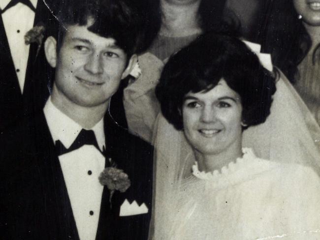 1975. Doug and Helen Barr on their wedding day. Both are missing, and it is feared the worst. They were last seen last Sat when they left in their white sedan for Eildon. He has been known to carry large sums of money with him.