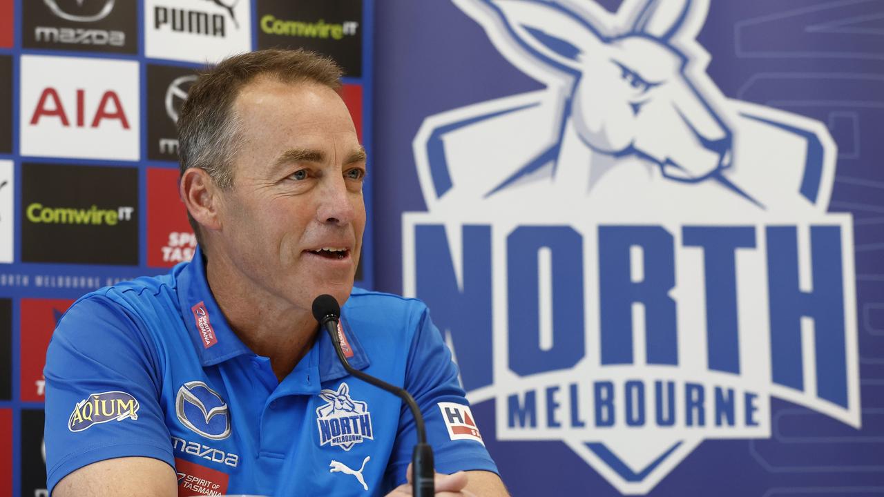 Alastair Clarkson speaks to the media. Photo by Darrian Traynor/Getty Images.