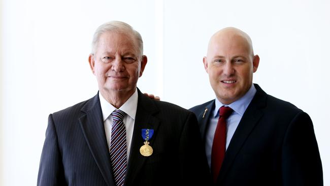 L to R, Warren Pitt with son Curtis Pitt, Warren was appointed a member of the Order of Australia in the general division, His Excellency the Honourable Paul de Jersey AC, Governor of Queensland, will present 14 Far North Queensland residents with honours and awards under the Australian honours system at a special ceremony, Cairns – Photo Steve Pohlner