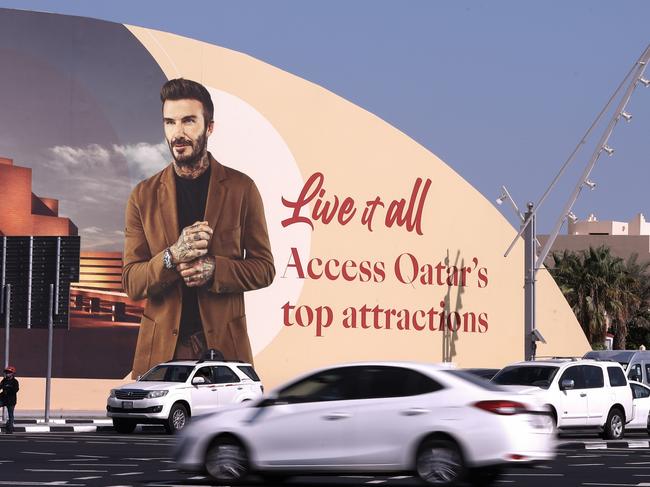 An advertisement board featuring Qatar Ambassador David Beckham during the FIFA World Cup Qatar 2022. Picture: Alex Pantling/Getty Images