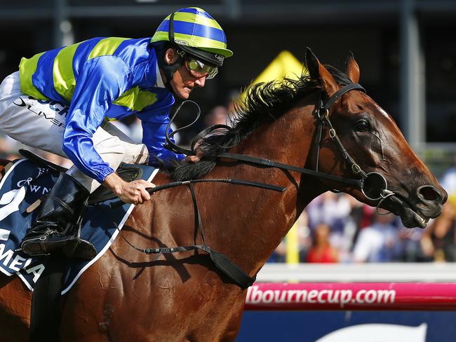 2015 Crown Oaks Day at Flemington Racecourse, Race 8- Damien Oliver onboard Jameka wins the Oaks from Honesta. Melbourne. 5th November 2015. Picture: Colleen Petch. OaksRaces15