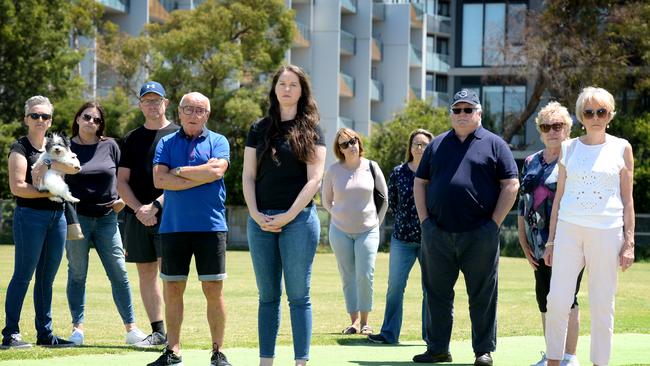 Stephanie Batten (centre) with fellow local residents concerned about Bayside Council's plans for a netball complex just metres from their homes. Picture: Andrew Henshaw