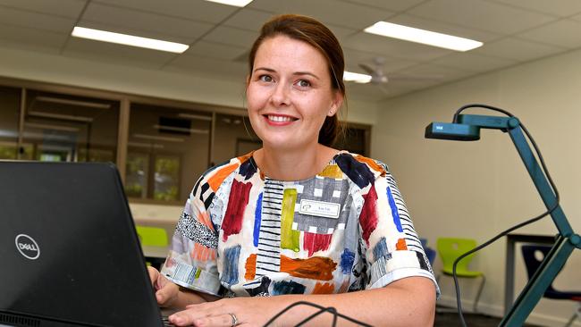 Indooroopilly State High School teacher Kate Vale held online classes yesterday. Picture: John Gass/AAP