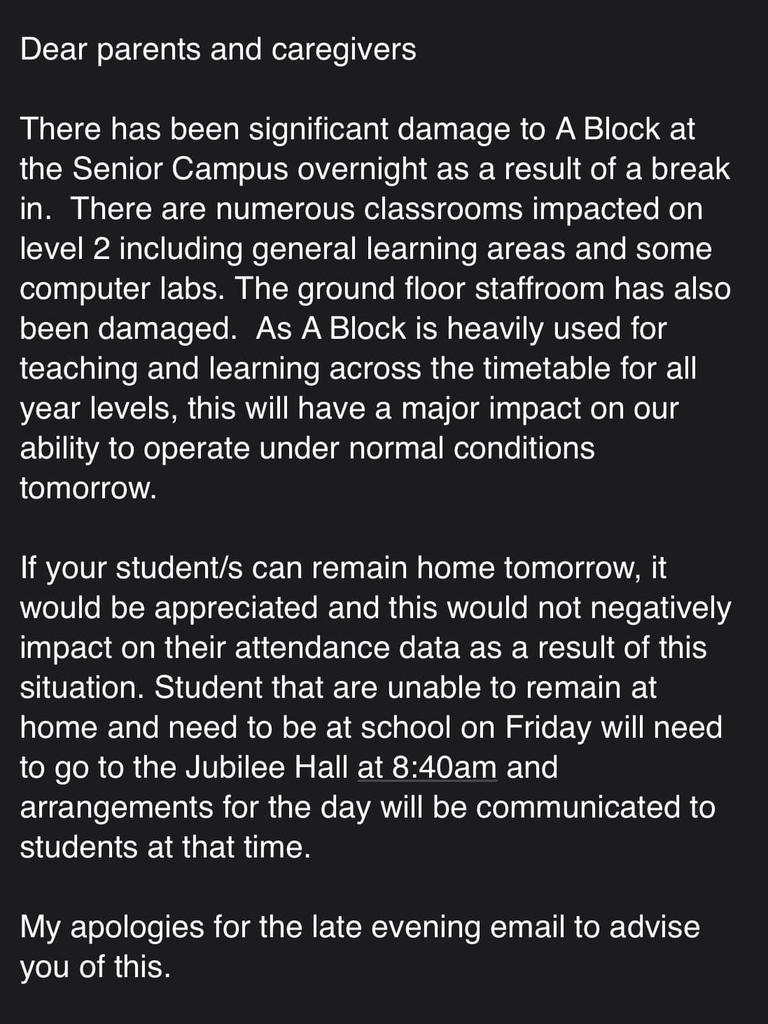 An email from a Roma State College staff member shared on Facebook informing parents of a school break-in on Thursday night August 11, 2023.