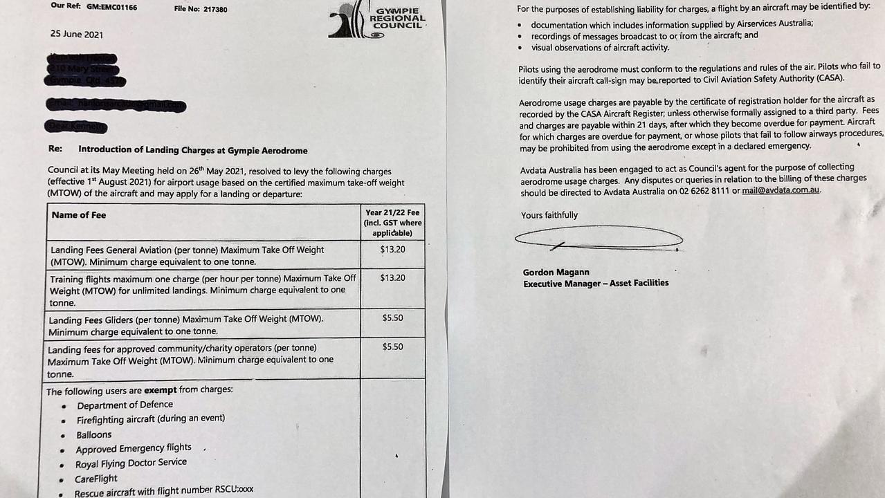 Letter outlining the new landing fee specifics for the Gympie Aerodrome.