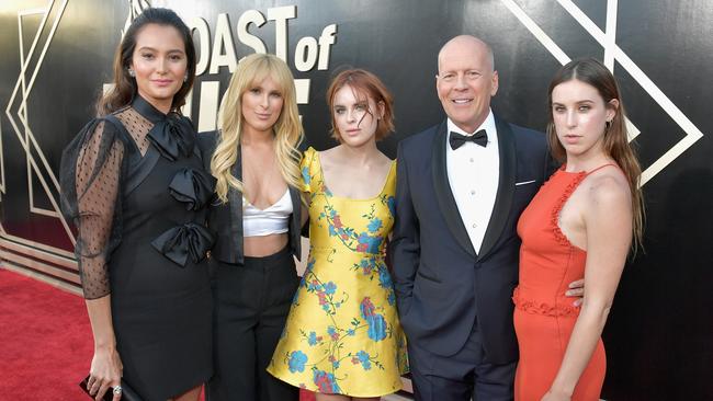 Bruce Willis with his wife, Emma Heming, and daughters, Rumer, Tallulah and Scout. Picture: Neilson Barnard/Getty Images For Comedy Central