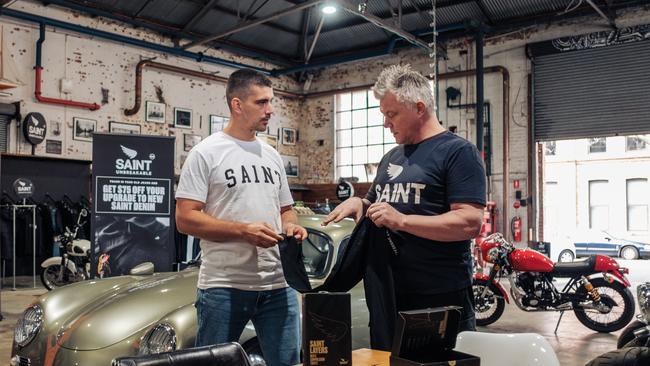 SA1NT founder and chief executive Aidan Clarke (right) and the company’s e-commerce manager Michael Baxter inspect a pair of new compression tights.