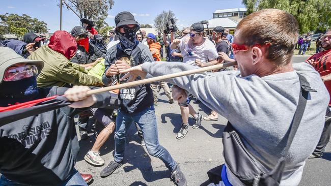 Reclaim Australia Rally held in Melton. Anti-Islam protesters clash with Rally Against Racism group and police. Picture: Jason Edwards