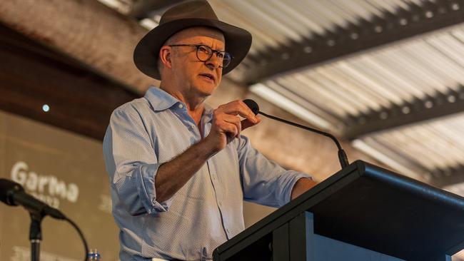 Anthony Albanese speaks during the Garma Festival at Gulkula. His approach to a voice to parliament has highlighted his warmth and his social conscience. Picture: Getty Images.