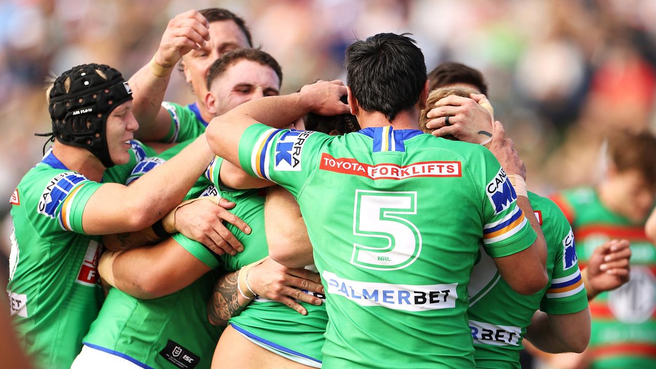 The Raiders swarmed Papalii after he scored (Photo by Mark Kolbe/Getty Images)