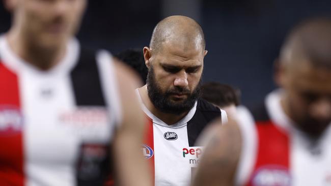 Paddy Ryder walks from the ground after injuring his calf in Friday’s loss to the Western Bulldogs.