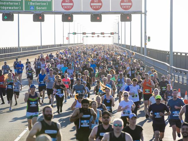 Run the Bridge Fun Run 2020 across Tasman Bridge. Picture: RICHARD JUPE