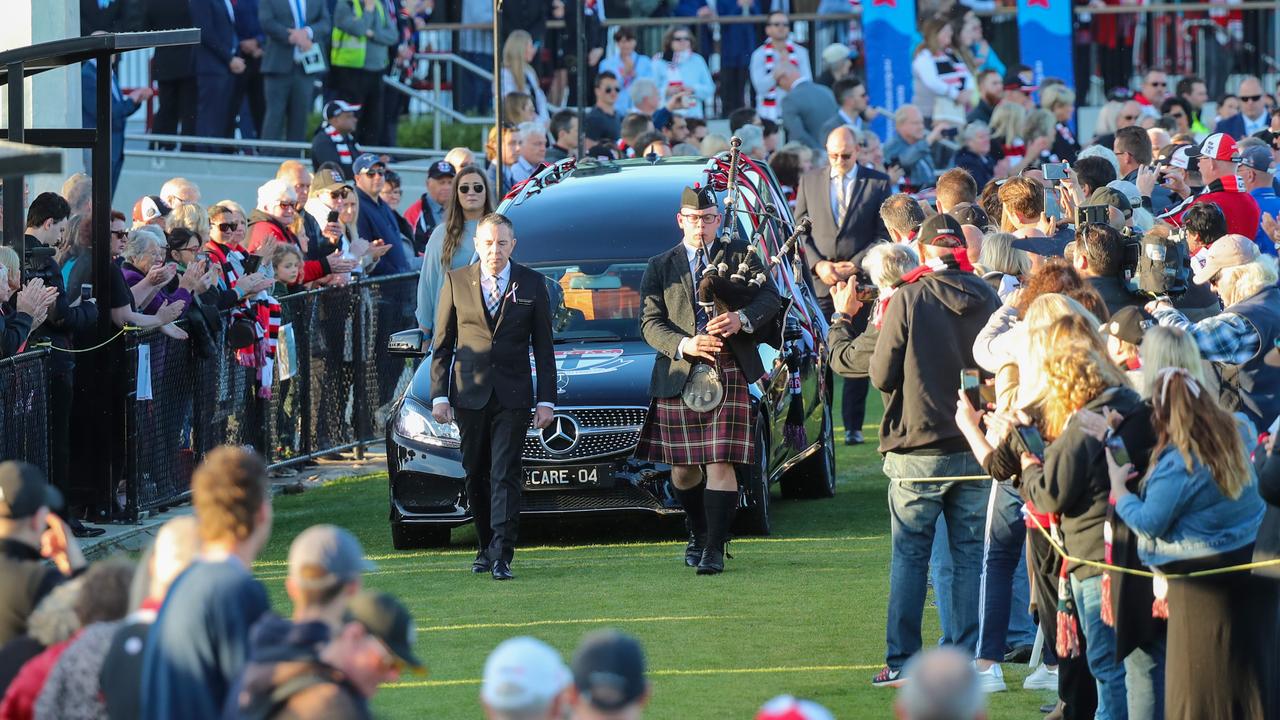 Fans packed the funeral of the late Danny Frawley at Kingston City Hall. Picture: Alex Coppel