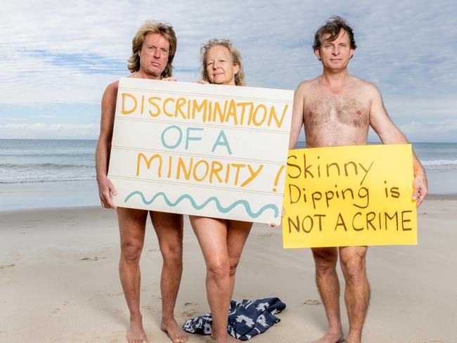 WARNING. WEEKEND TELEGRAPHS SPECIAL.  MUST TALK WITH PIC ED JEFF DARMANIN BEFORE PUBLISHING.     Duncan James, Maxine Hawker and Bradley Benham  at Tyagarah Nudist Beach near Byron Bay. Picture by Luke Marsden.