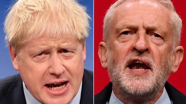 Britain's Prime Minister and Conservative Party leader Boris Johnson, left, and Labour Party leader Jeremy Corbyn, right.