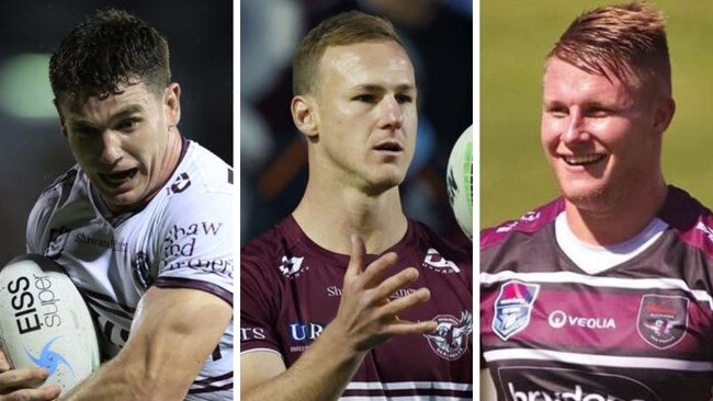 Ethan Bullemor, left, and Kurt De Luis, right, will run out with skipper Daly Cherry-Evans in a new-look Manly team on Thursday night.