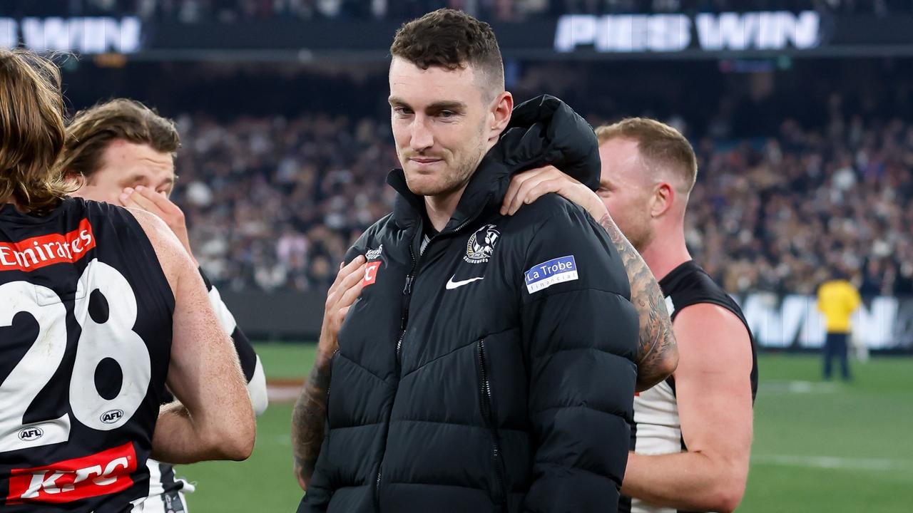 MELBOURNE, AUSTRALIA - SEPTEMBER 22: Daniel McStay of the Magpies is seen injured during the 2023 AFL First Preliminary Final match between the Collingwood Magpies and the GWS GIANTS at Melbourne Cricket Ground on September 22, 2023 in Melbourne, Australia. (Photo by Dylan Burns/AFL Photos via Getty Images)