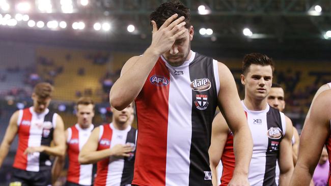 St Kilda's Paddy McCartin feels the pain of Saturday night’s loss. Pic: Michael Klein