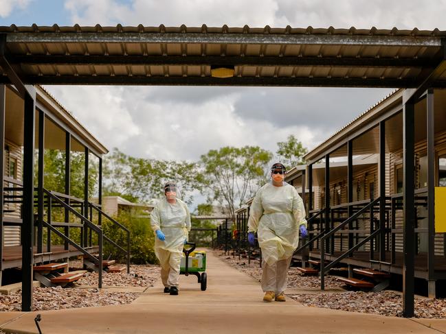 Staff in full PPE at the Centre for National Resilience in Howard Springs. Picture: Glenn Campbell