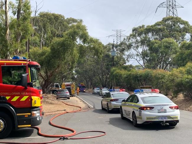 Emergency services at the bushfire off Education Road, Happy Valley. Picture: Naomi Jellicoe