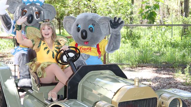 Cooee the Gumnut Fairy drives Kenny and Belinda Koala in the old Model T cars at Dreamworld. The Gold Coast theme park celebrated its 40th anniversary last year. Picture Glenn Hampson