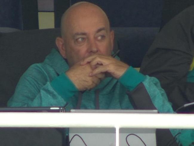 Darren Lehmann reacts as Australian player Cameron Bancroft is questioned by umpires for ball tampering during the third test against South Africa in Cape Town.