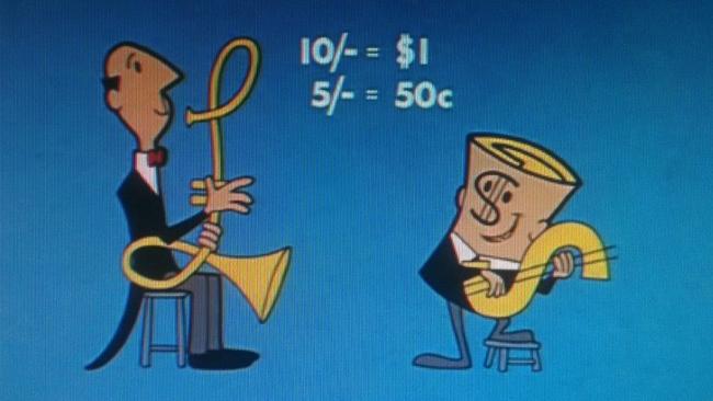 A still from a commercial featuring the character Dollar Bill, preparing Australians for the 1966 introduction of decimal currency.