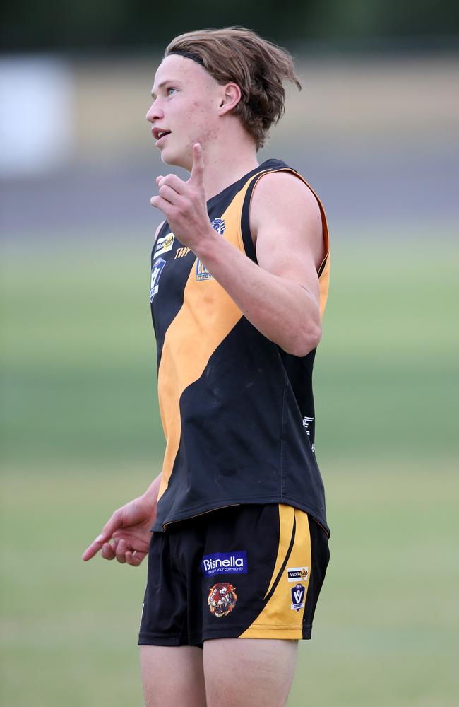 GFL: Geelong West Giants v Grovedale. Grovedale's Flynn Young celebrates a goal. Picture: Mike Dugdale