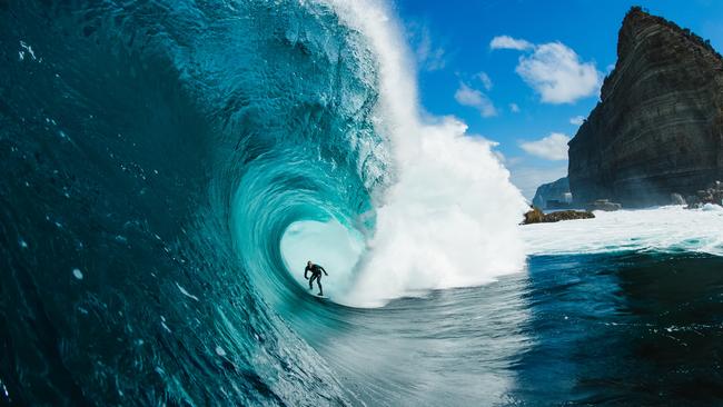 Stu Gibson’s winning photo of Mikey Brennan riding a monster wave at Shipstern Bluff. Picture: STU GIBSON