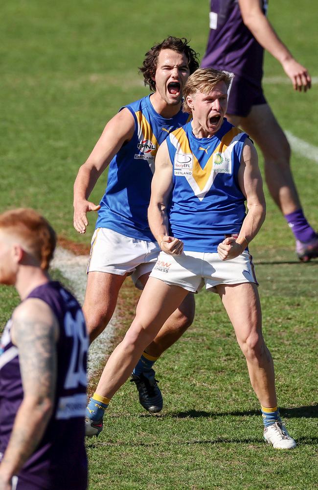 Ryan Burleigh of Heathmont celebrates his goal. Picture: George Sal