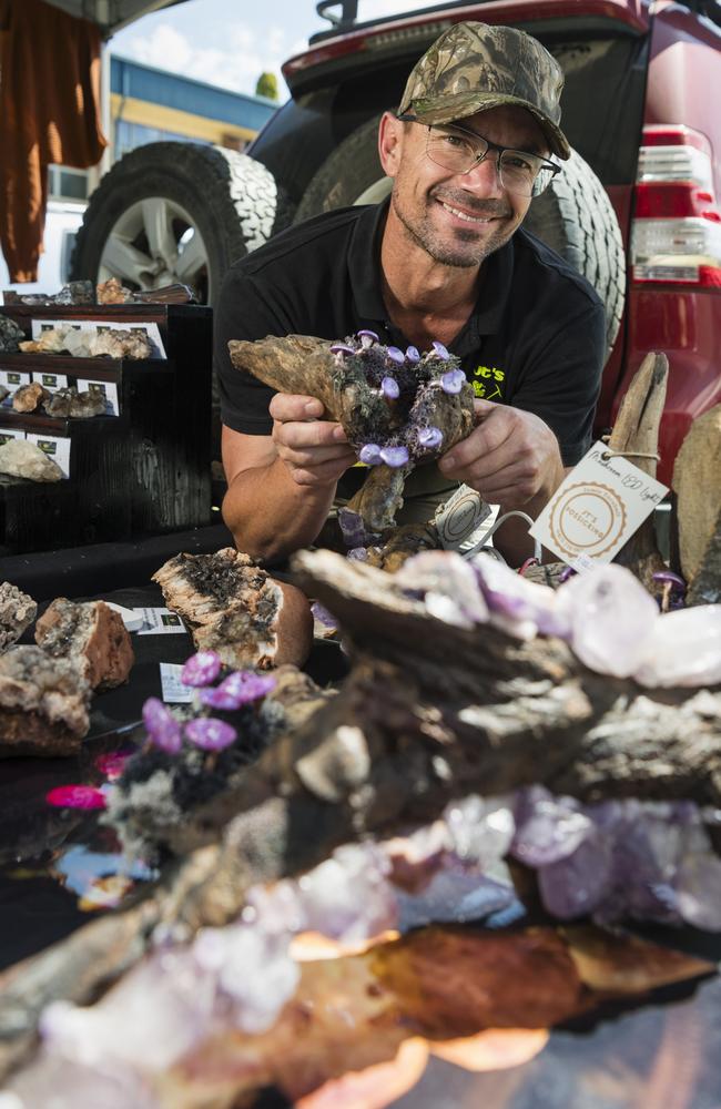 Jamie Turnbull of JT's Fossicking with crystal and mushroom lamps on sale at his stall at Gemfest hosted by Toowoomba Lapidary Club at Centenary Heights State High School, Saturday, October 21, 2023. Picture: Kevin Farmer