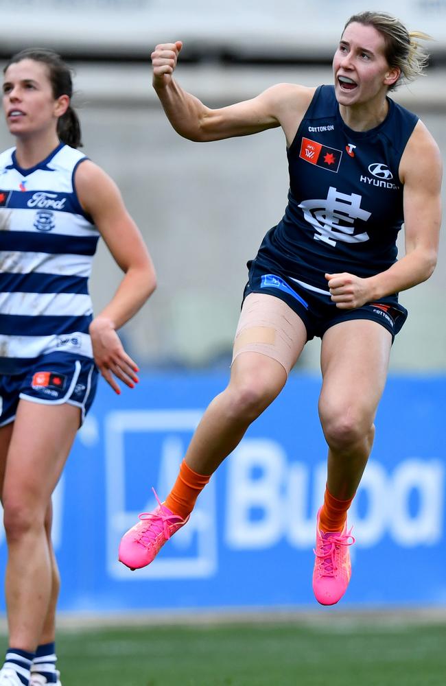 Mimi Hill celebrates kicking a goal during the 2024 season. Picture: Josh Chadwick/AFL Photos/via Getty Images