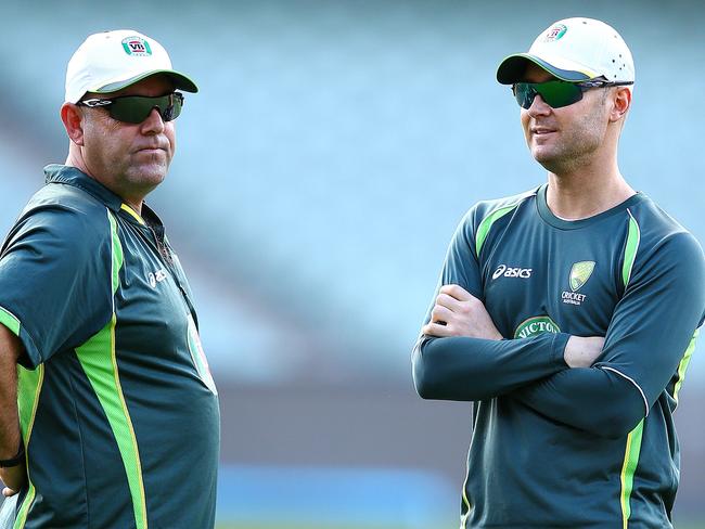 Australia World Cup Cricket training at Adelaide Oval. Darren Lehmann and Michael Clarke. Photo Sarah Reed.