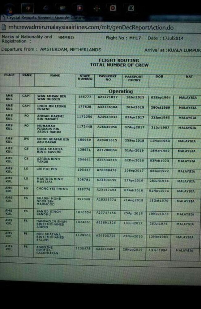 Screengrab of the crew members on MH17’s passenger manifest.