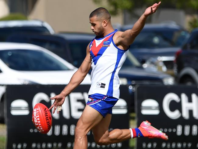 NFL Football: West Preston-Lakeside v Bundoora at Reservoir. Ahmed Saad puts the first goal on the board after costly free was awarded to him off play. Picture: Steve Tanner
