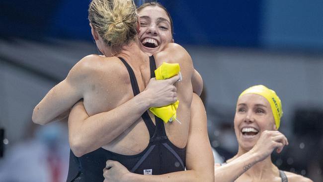 Mt St Michael’s College alumni Meg Harris, Bronte Campbell and Emma McKeon celebrate Australia’s world record win in the 4x100m women’s freestyle relay. Picture: Tim Clayton/Corbis via Getty Images